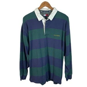 Mens Tommy Hilfiger Vintage 90s Designer Rugby Style LS Polo Shirt XL